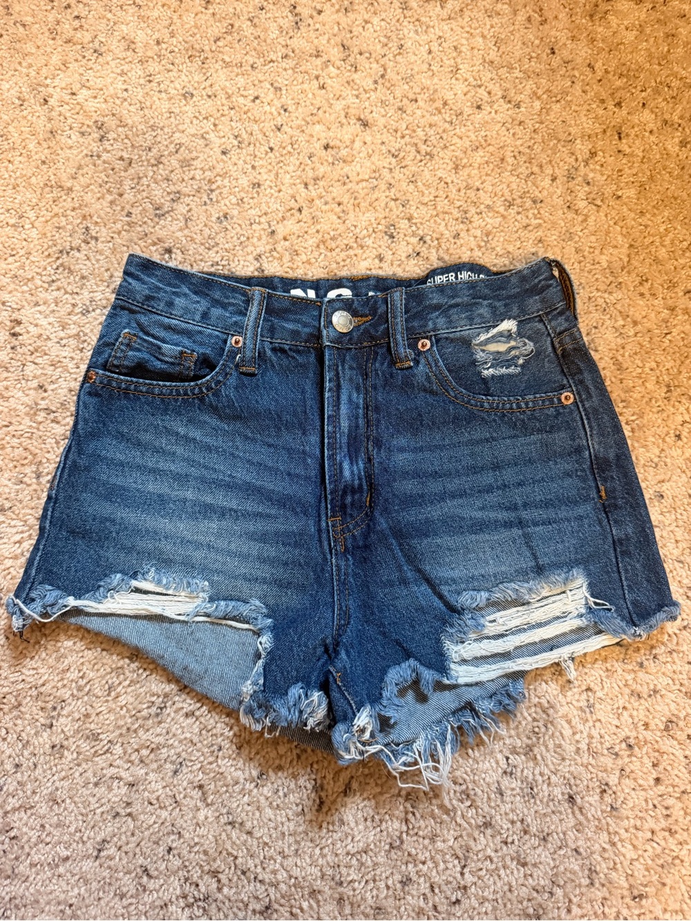 High-Rise Distressed Jean Shorts - Dark Blue Super cute!! Just grew out of them!